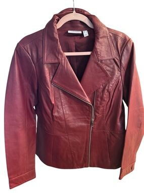 Denim & Co. Lamb Leather Moto Jacket with Pockets NWOT Med Dk Burgundy